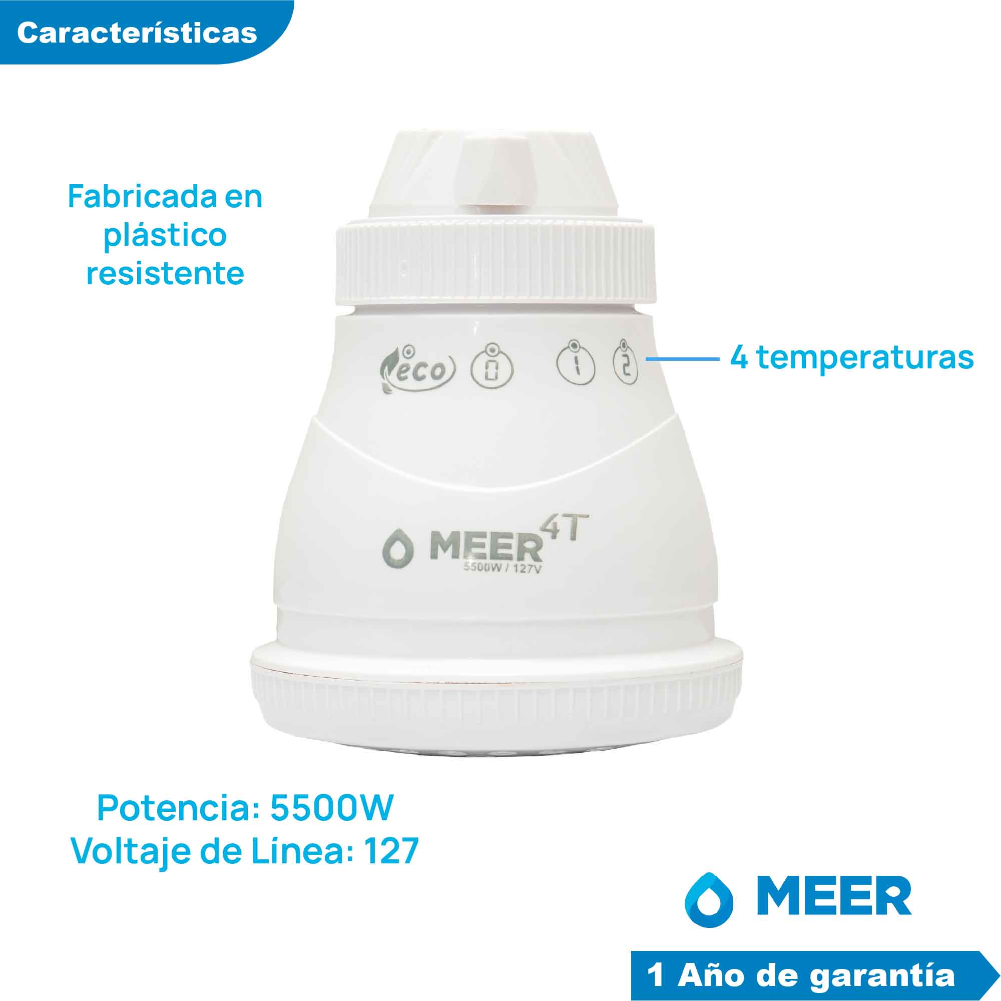 Foto 4 pulgar | Regadera Eléctrica Meer-CNX RCTE302 Blanca 4 Temperaturas 5500w + Accesorios