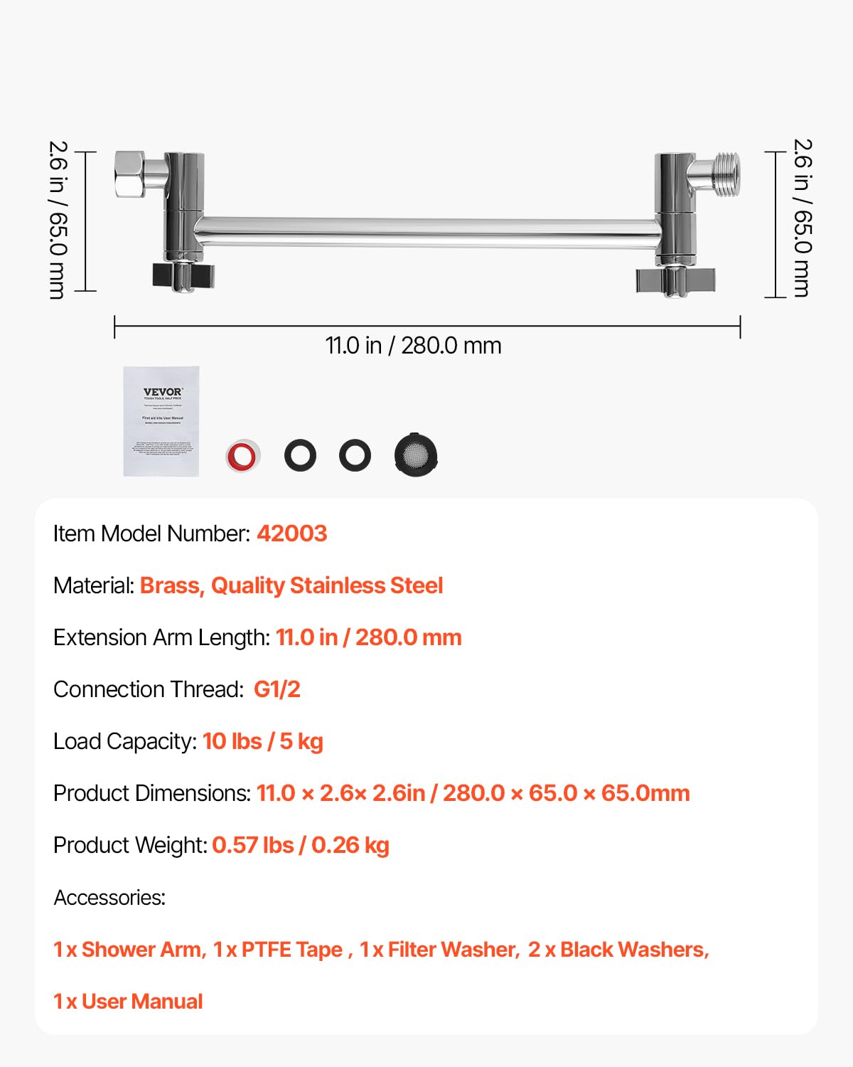 Foto 7 | Brazo De Extensión Para Cabezal De Ducha Vevor 28 Cm, Latón Cromado G1/2 - Venta Internacional.