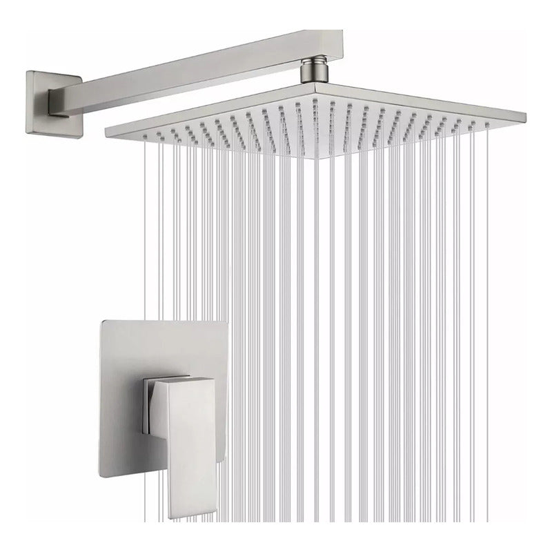 Regadera Cuadrada Lluvia Acero Inox 20cm C/ Monomando Y Tubo - Color Plateado