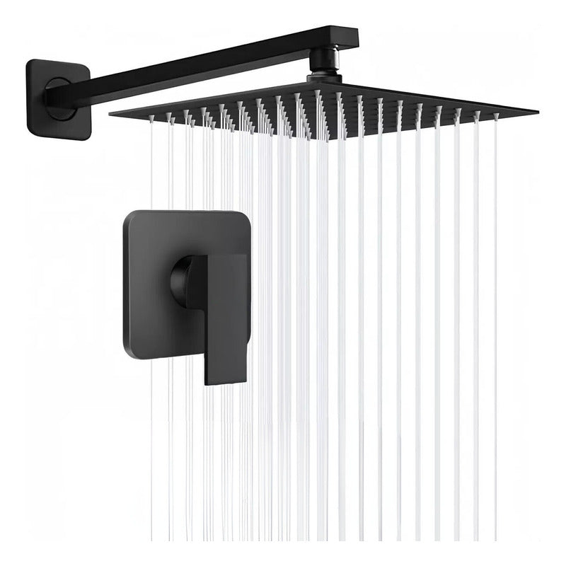 Regadera Cuadrada Lluvia Acero Inox 20cm C/ Monomando Y Tubo - Color Negro