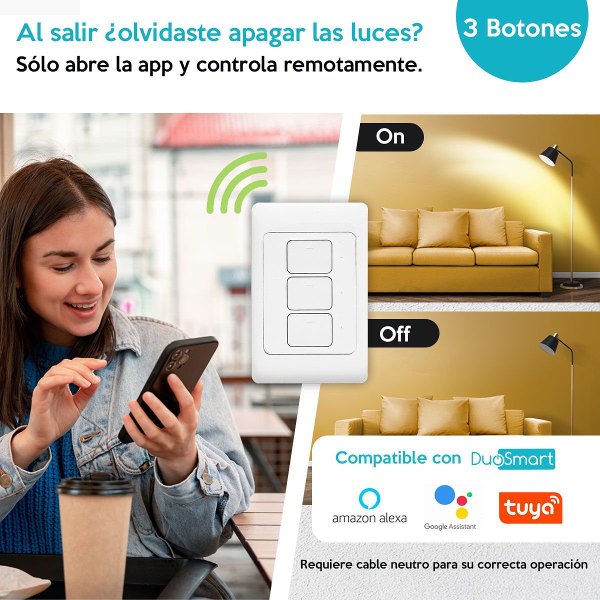 Foto 3 pulgar | Apagador Inteligente Wifi On/Off con 3 Botones Duosmart color Blanco Compatible con Alexa Google Tuya A10
