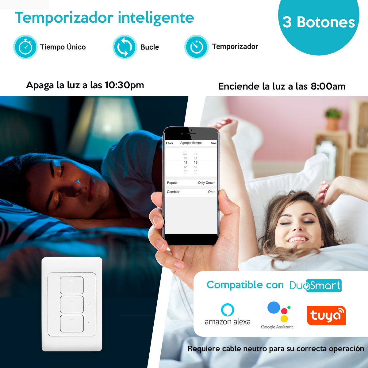 Foto 4 pulgar | Apagador Inteligente Wifi On/Off con 3 Botones Duosmart color Blanco Compatible con Alexa Google Tuya A10