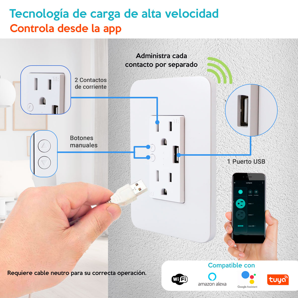 Foto 3 pulgar | Contacto Tomacorriente Wifi 2 Contactos y 1 Puerto USB A60 Duosmart