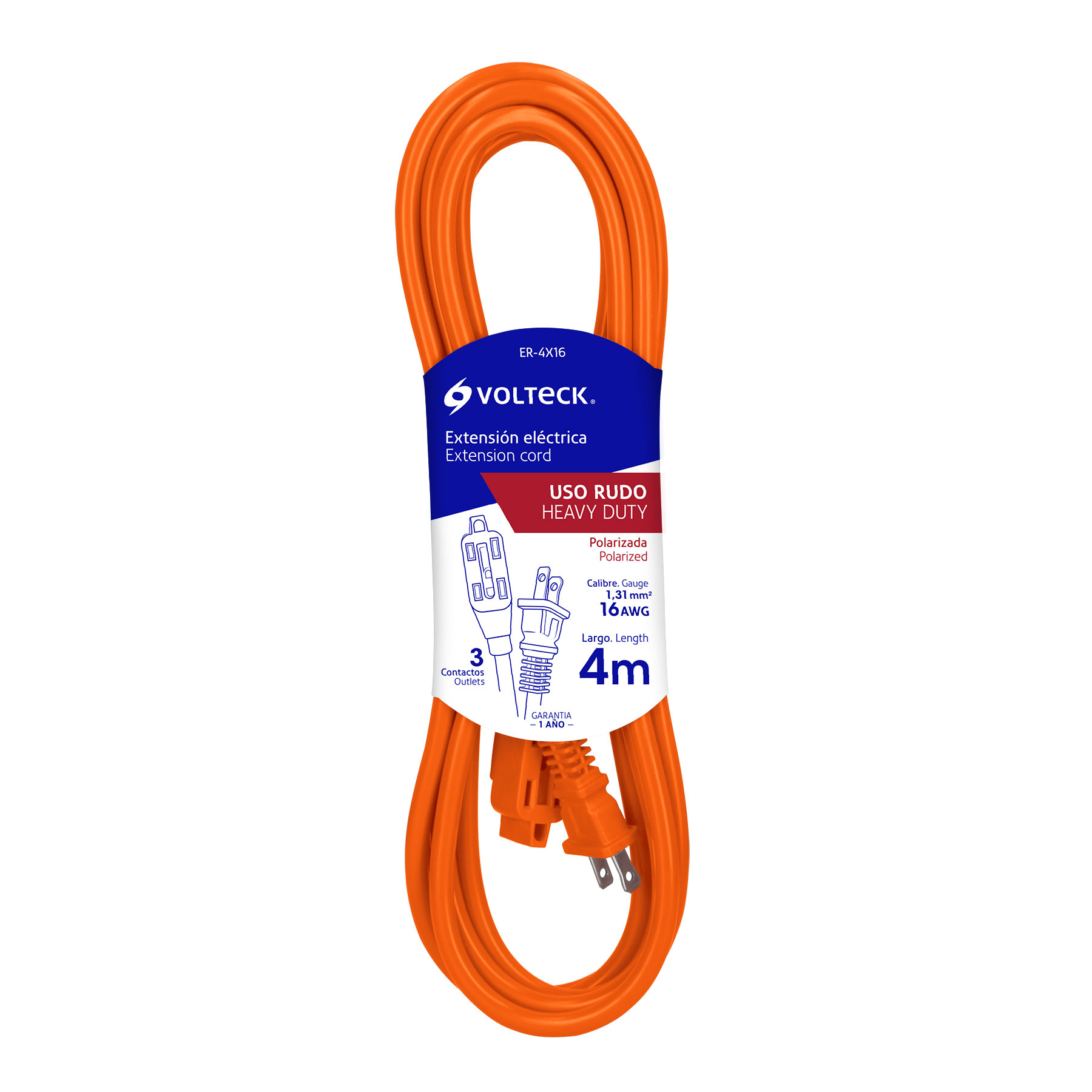 Extensión Eléctrica Uso Rudo 4 Mt Cal 16 Volteck 48043 color Anaranjado