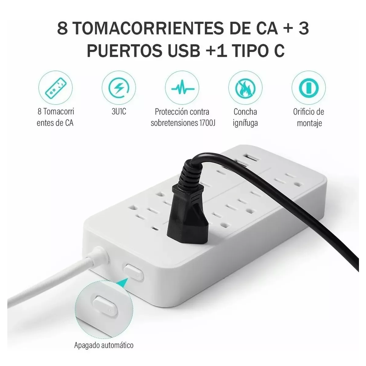 Foto 4 pulgar | Multicontacto de 8 Salidas y 3 Puertos Usb Eo Safe Imports Esi-4495 color Blanco