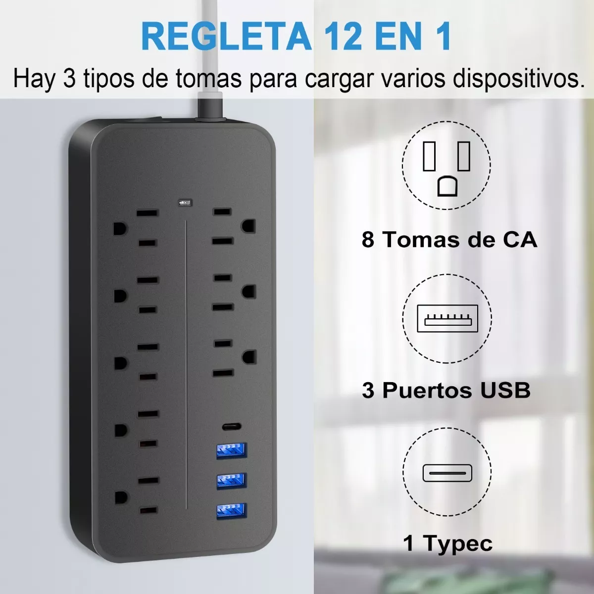 Foto 3 pulgar | Multicontactos con 8 Salidas 3 Usb 1 Tipo C Eo Safe Imports Esi-4496 color Negro