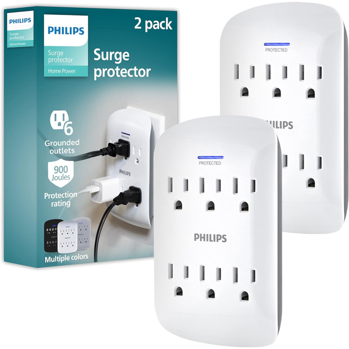 Multicontacto de Pared de 6 Salidas Con Supresor de Picos Philips 2 Piezas