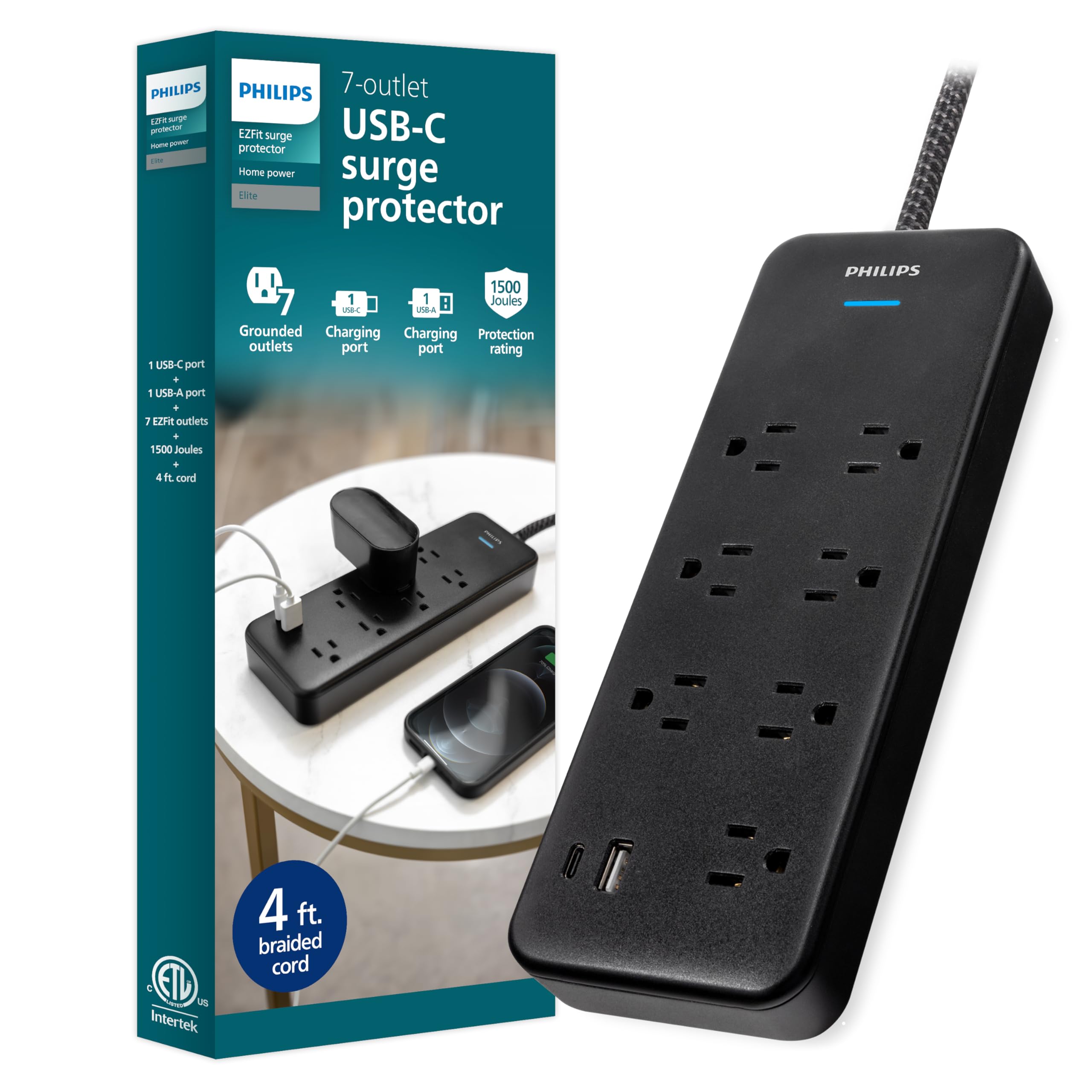 Foto 2 pulgar | Protector Contra Sobretensiones Philips Spp9643b/37, 7 Salidas 1500j Con Usb - Venta Internacional.