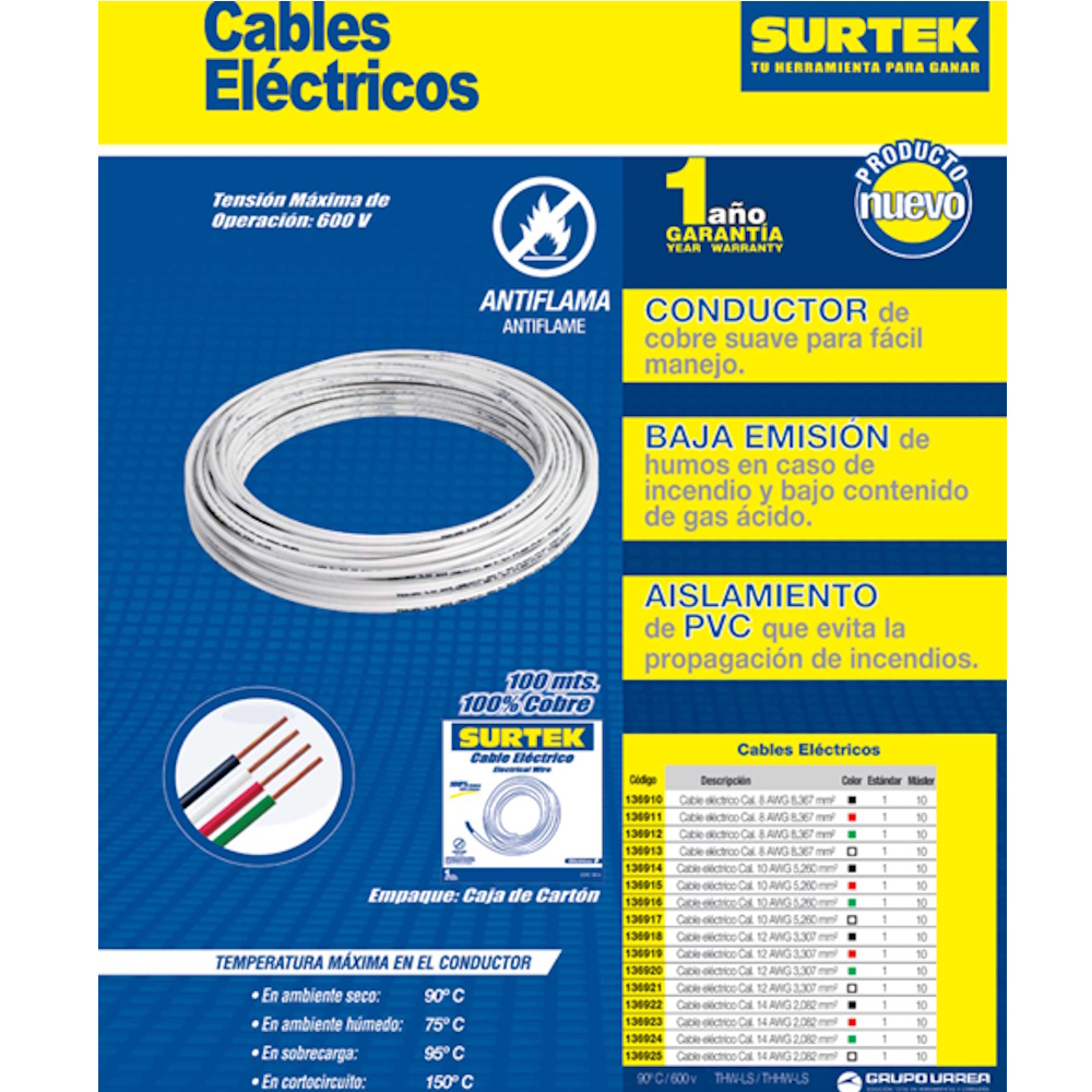 Foto 3 pulgar | Cable Eléctrico 100 M Calibre 12 Thw Surtek