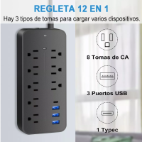 Foto 3 pulgar | Regleta Multicontactos Con 8 Salidas 3 Usb 1 Tipo C Eo Safe Imports Esi-4496-1 Negro