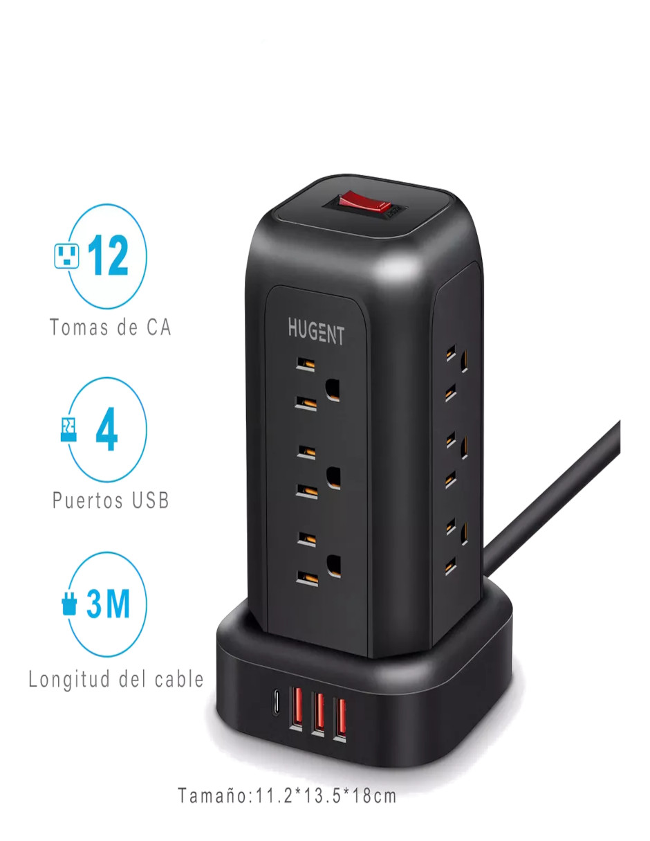 Foto 5 | Torre Multicontacto 16 En 1 Con 12 Tomas De Ca Y 3 Usb A 1 Tipo C + Termo De Agua De Regalo Güish