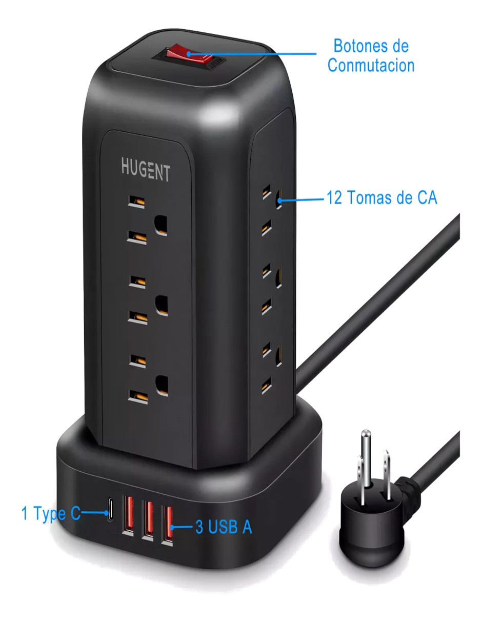 Foto 7 pulgar | Torre Multicontacto 16 En 1 Con 12 Tomas De Ca Y 3 Usb A 1 Tipo C + Termo De Agua De Regalo Güish