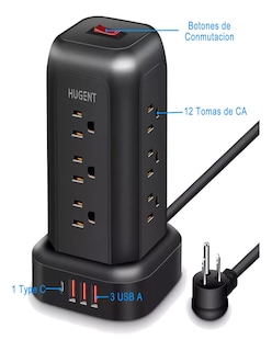 Foto 6 | Torre Multicontacto 16 En 1 Con 12 Tomas De Ca Y 3 Usb A 1 Tipo C + Termo De Agua De Regalo Güish