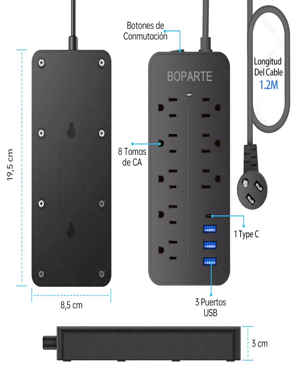 Foto 4 pulgar | Multicontacto De 8 Tomas Con Usb 1.2m 10a 127v + Termo De Agua De Regalo Güish