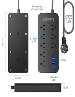 Foto 3 | Multicontacto De 8 Tomas Con Usb 1.2m 10a 127v + Termo De Agua De Regalo Güish