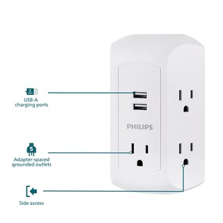 Foto 2 | Protector Contra Sobretensiones Philips Sps5002wa/37 De 5 Salidas Y 2 Usb-a, Color Blanco - Venta Internacional.