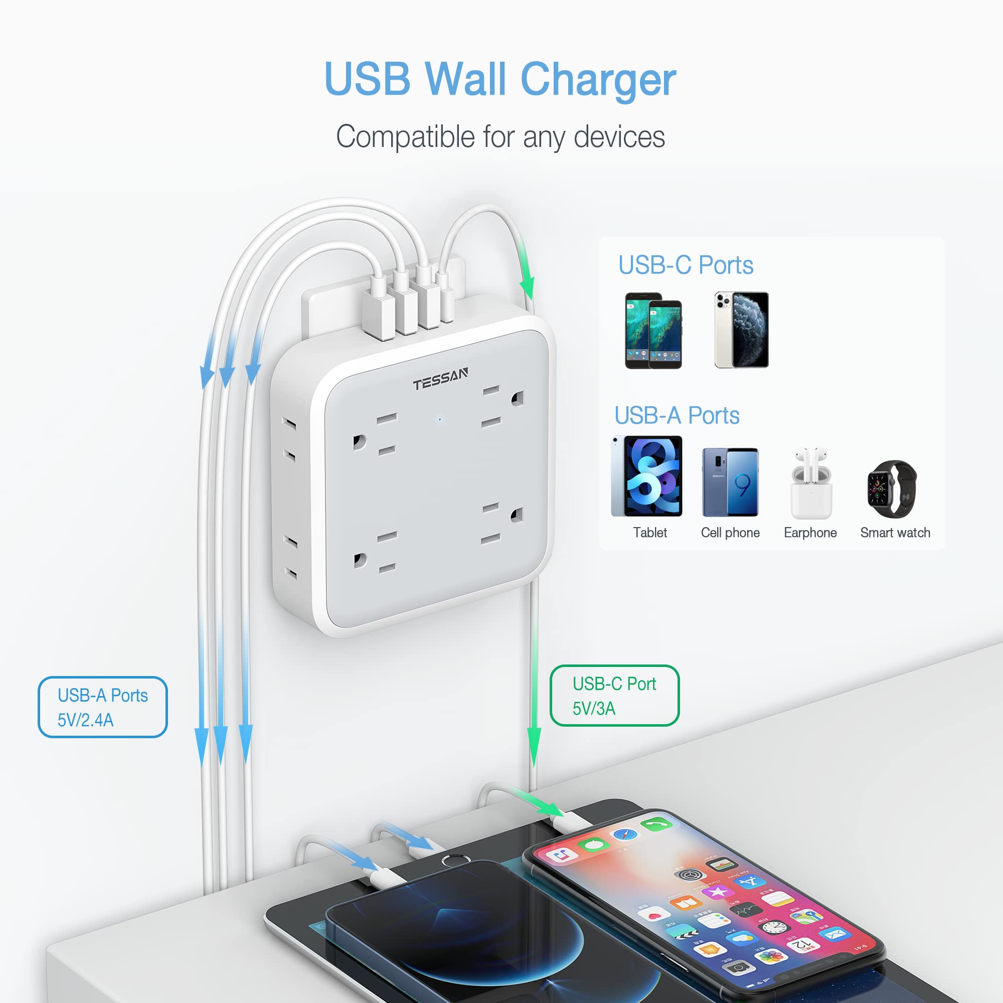 Foto 5 pulgar | Cargador De Pared Usb Tessan 4 Enchufes Eléctricos Con 4 Puertos Usb - Venta Internacional.