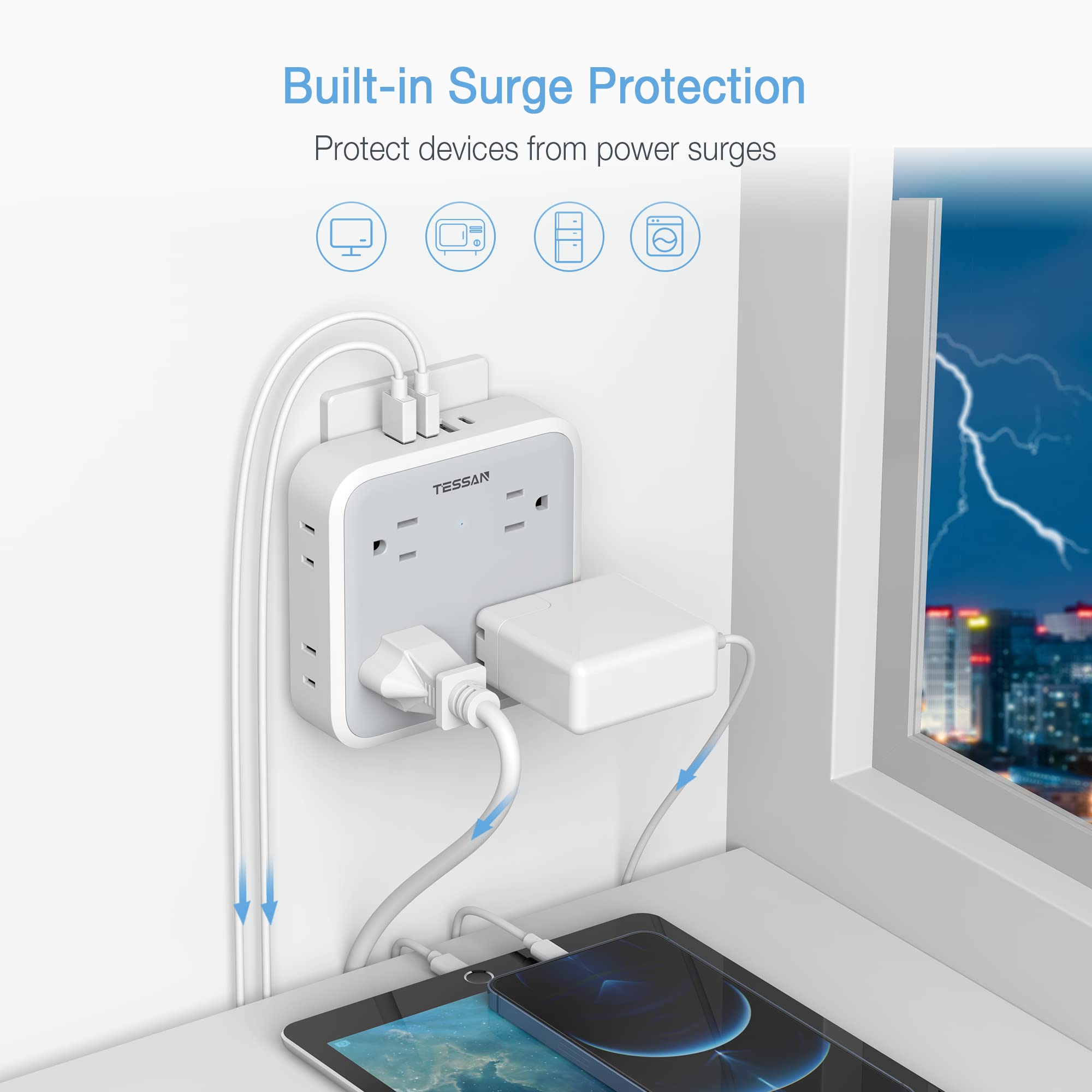 Foto 6 pulgar | Cargador De Pared Usb Tessan 4 Enchufes Eléctricos Con 4 Puertos Usb - Venta Internacional.