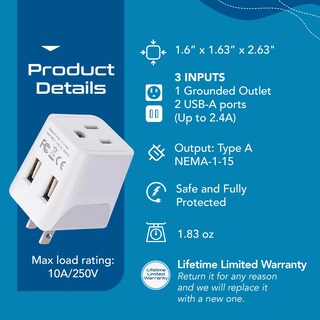 Foto 4 | Adaptador De Viaje Ceptics Japan, Filipinas Con Doble Usb Tipo A - Venta Internacional.