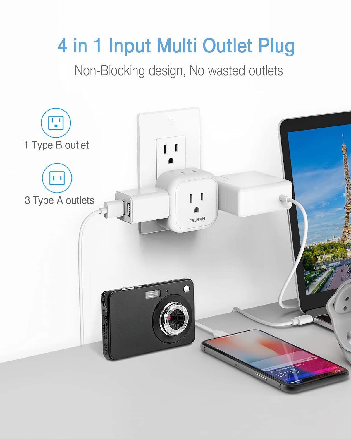 Foto 2 | Extensor De Enchufes Múltiples Tessan Con 4 Enchufes Eléctricos, Paquete De 2 - Venta Internacional.