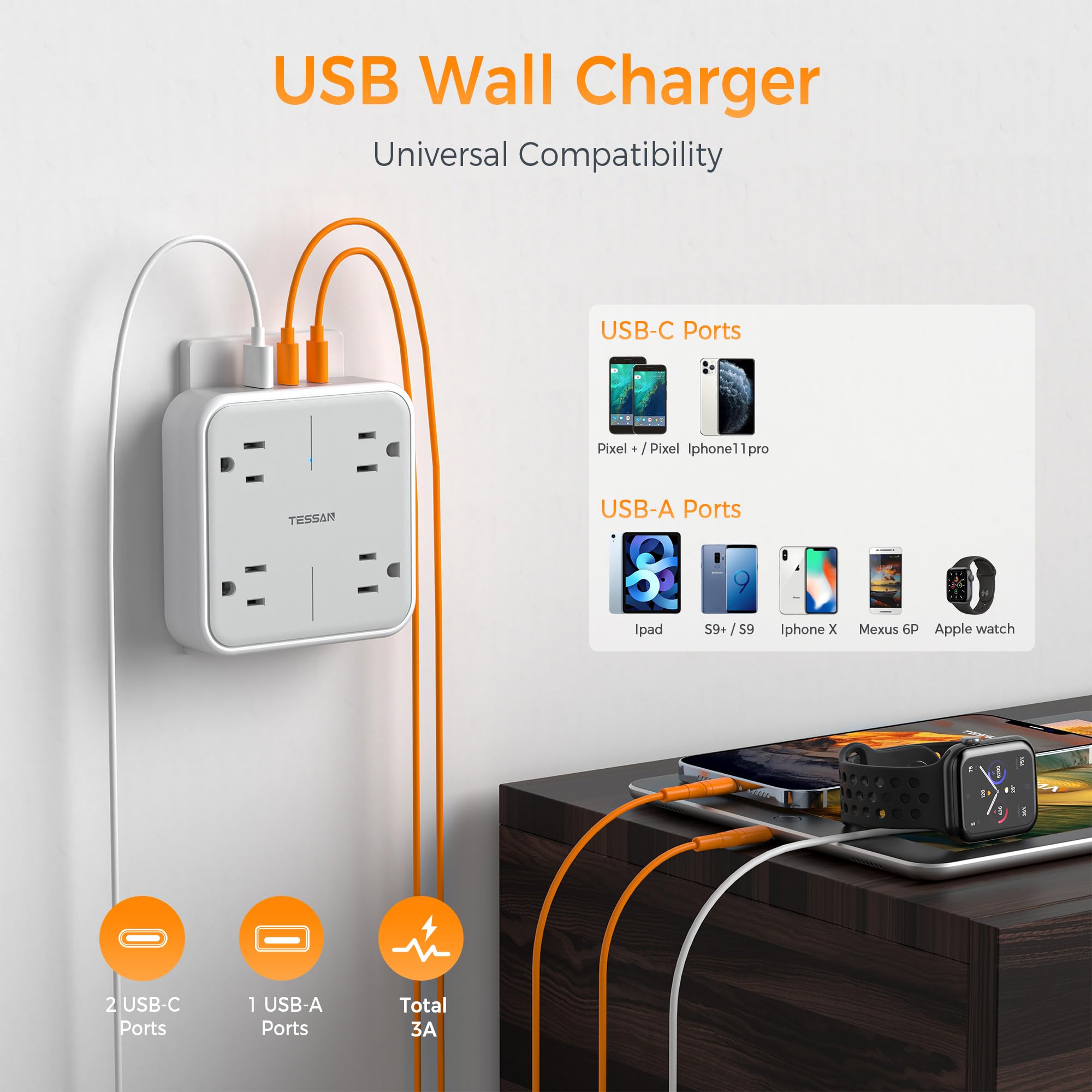 Foto 4 pulgar | Extensor De Enchufes Múltiples Tessan, 4 Salidas Y 3 Puertos Usb - Venta Internacional.