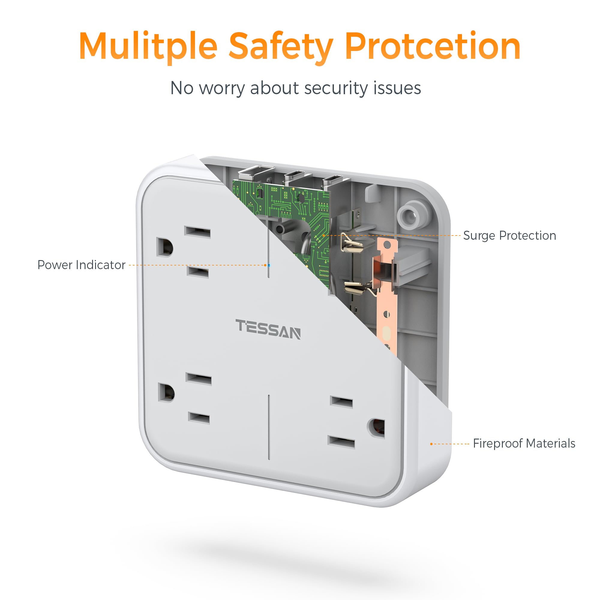 Foto 4 | Extensor De Enchufes Múltiples Tessan, 4 Salidas Y 3 Puertos Usb - Venta Internacional.