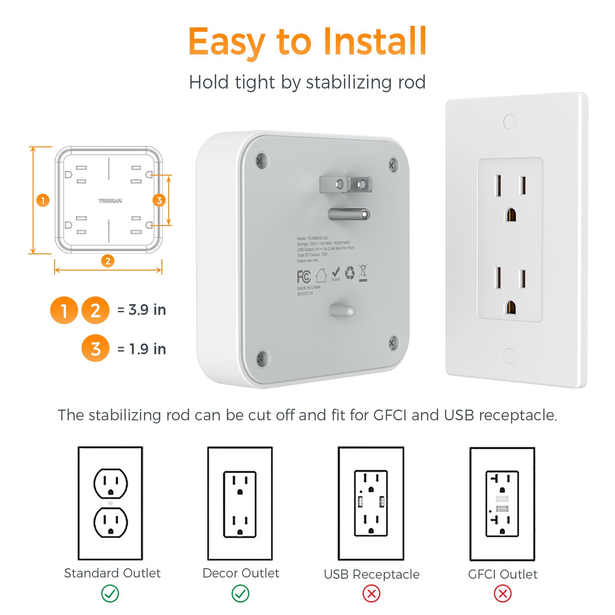 Foto 5 | Extensor De Enchufes Múltiples Tessan, 4 Salidas Y 3 Puertos Usb - Venta Internacional.