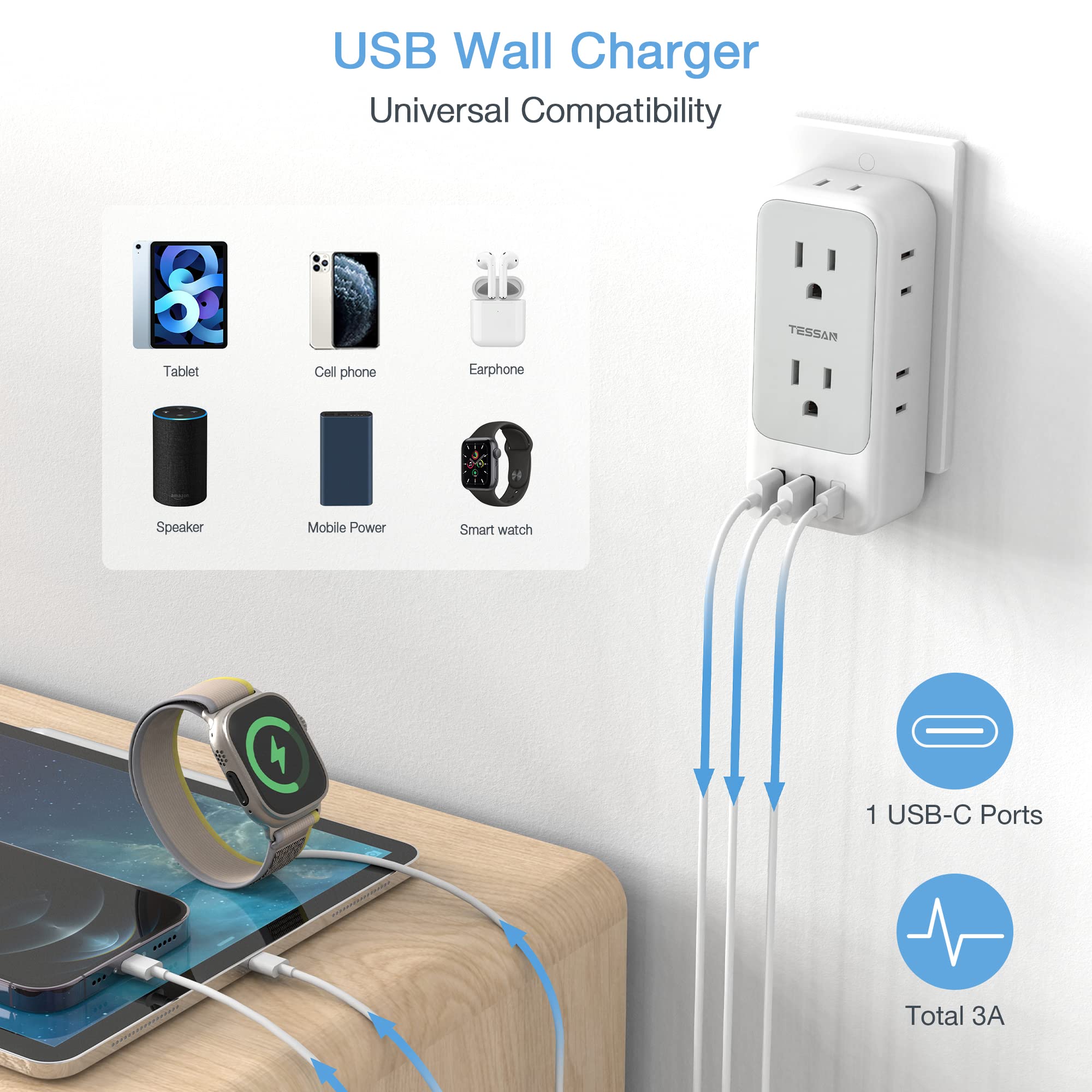 Foto 2 | Extensor De Enchufe Múltiple Tessan De 7 Salidas Con 3 Cargadores Usb C - Venta Internacional.