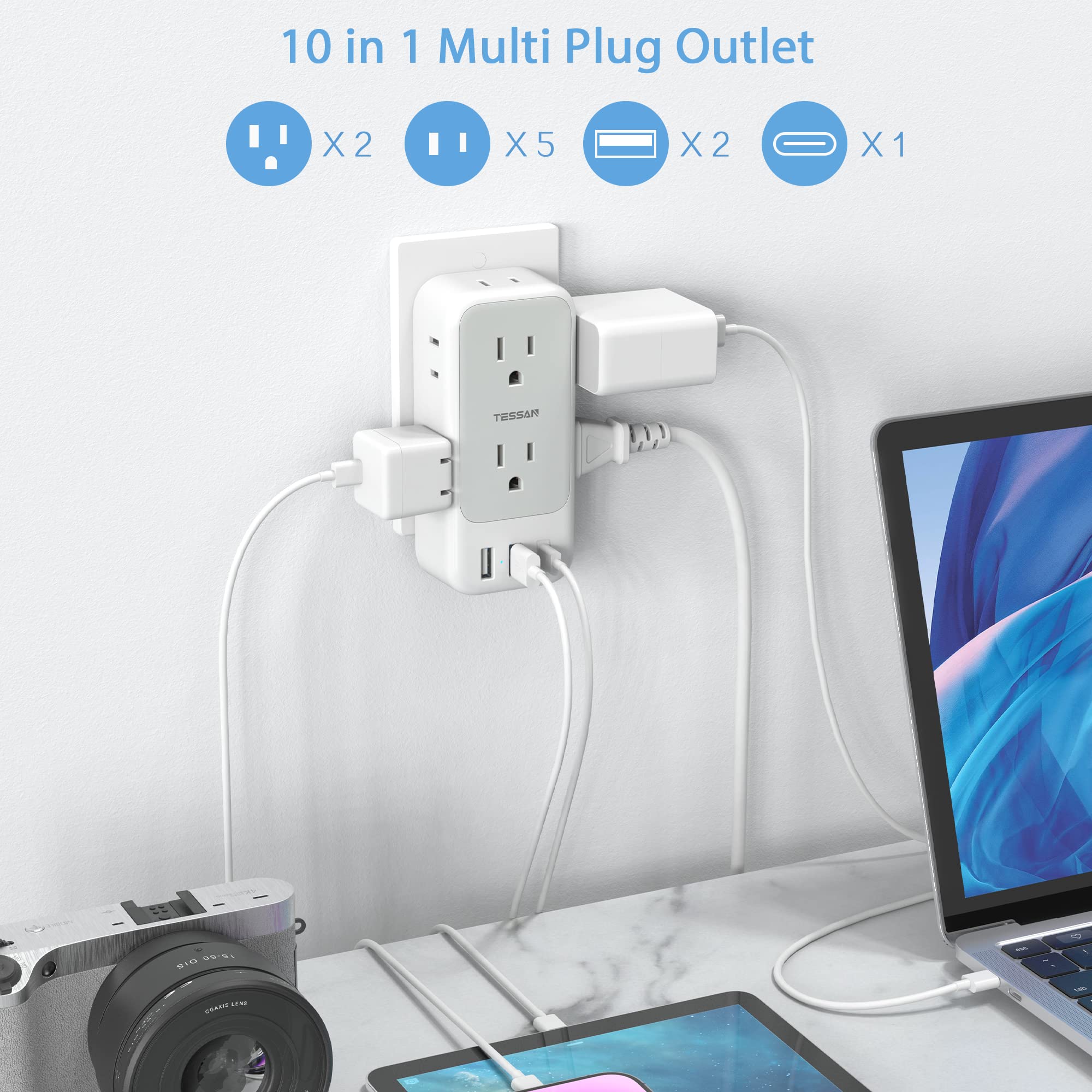 Foto 3 | Extensor De Enchufe Múltiple Tessan De 7 Salidas Con 3 Cargadores Usb C - Venta Internacional.