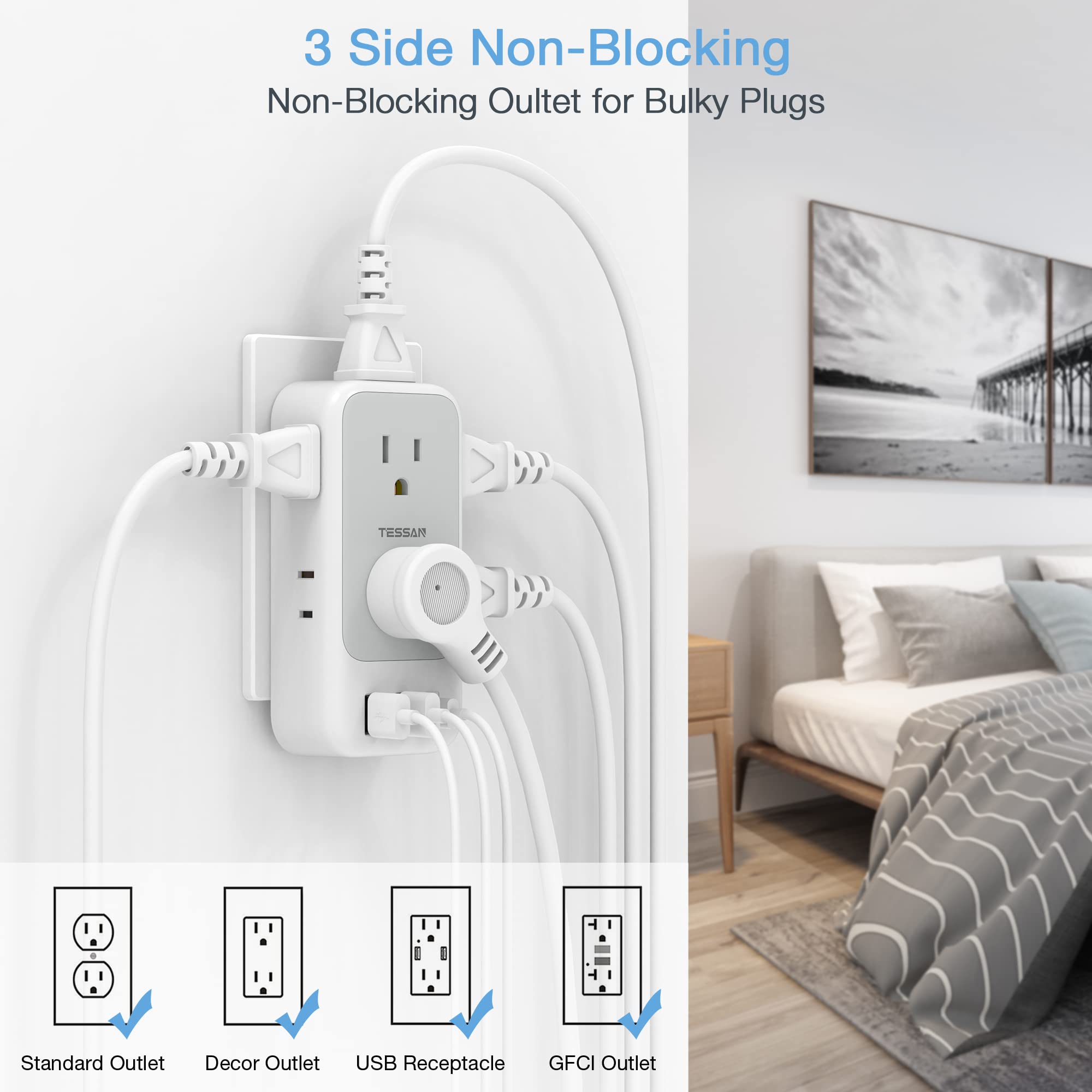 Foto 5 pulgar | Extensor De Enchufe Múltiple Tessan De 7 Salidas Con 3 Cargadores Usb C - Venta Internacional.