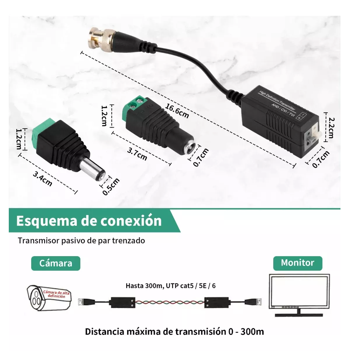 Foto 2 | Balun HD para CCTV y 5 Par Conectores Corriente Eo Safe Imports ESI-17031 Negro 5 Pares