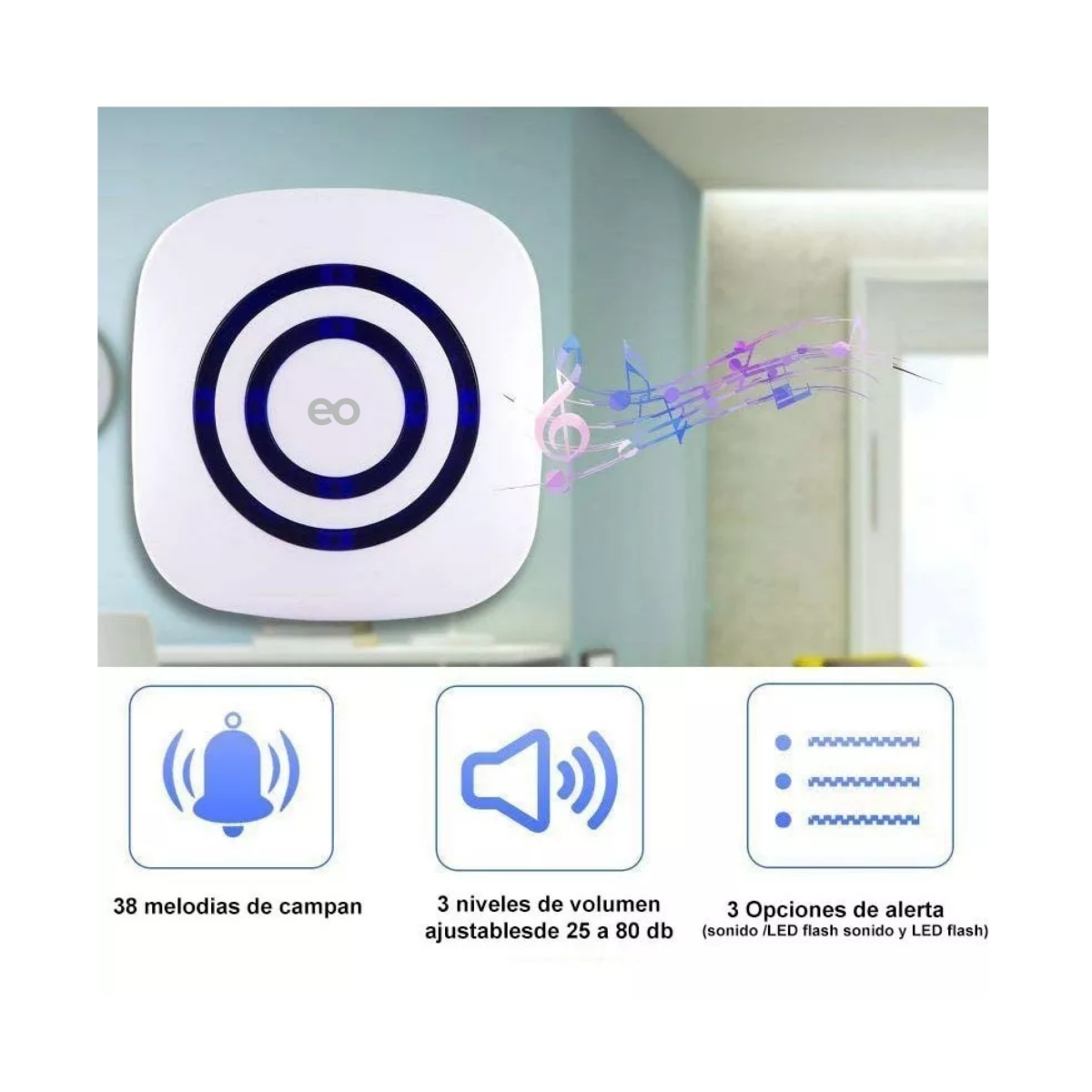 Foto 2 | Language Sensor Detector Movimiento Timbre Con Carillón Inalámbrico Eo Safe Imports Esi-9536-1 Blanco