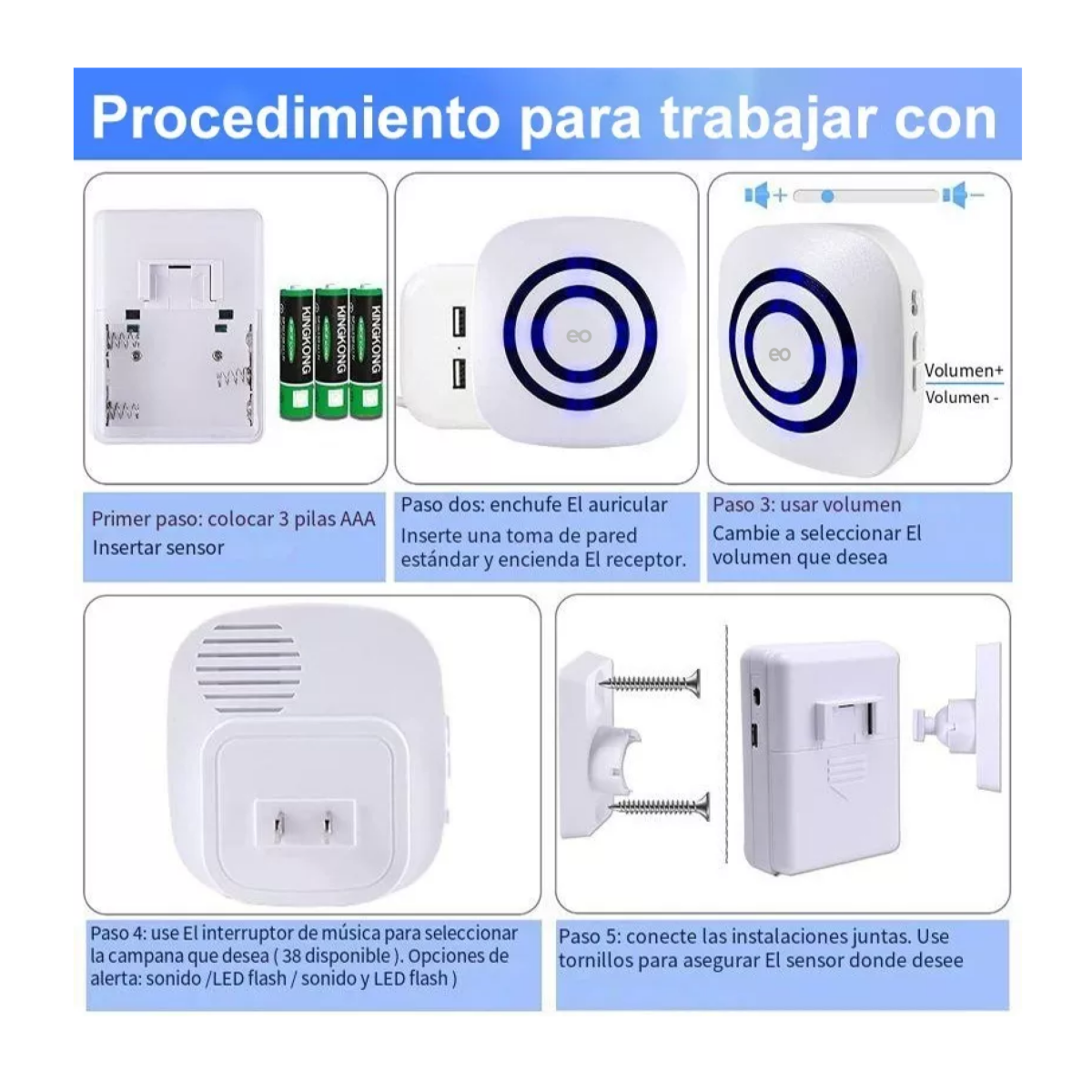 Foto 4 pulgar | Language Sensor Detector Movimiento Timbre Con Carillón Inalámbrico Eo Safe Imports Esi-9536-1 Blanco