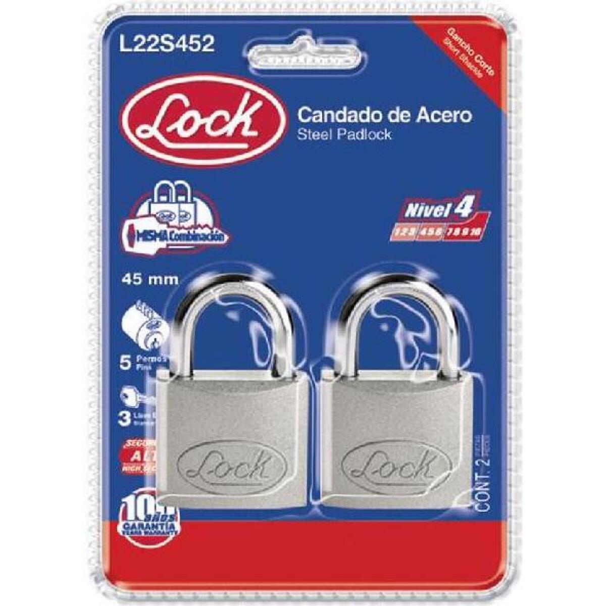 Candado Acero Corto Llave Estándar 2 Pzs Cromo Satinado, Lock $119