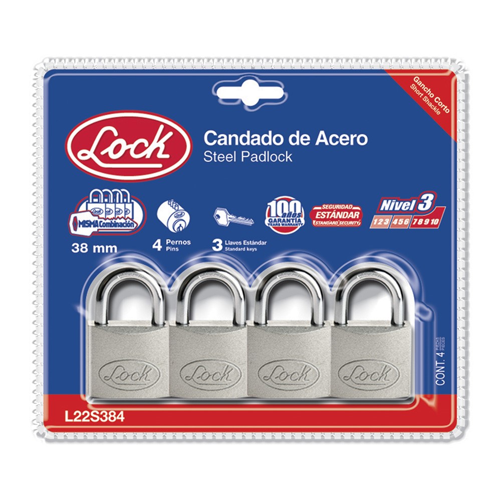 Foto 2 pulgar | Pack Lock 4pz Candado de Acero Corto Llave Estándar Cromo