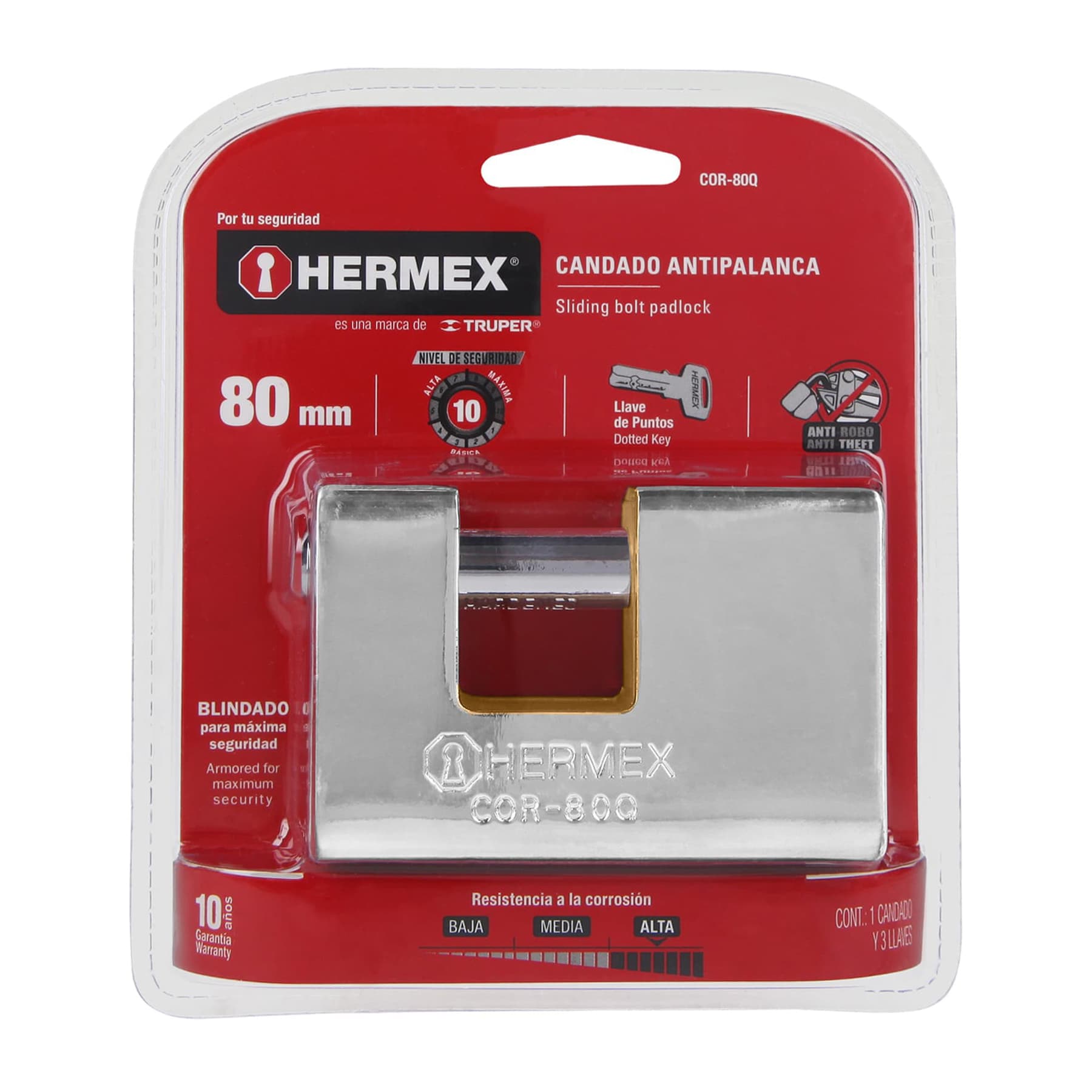 Foto 3 | Candado Antipalanca 80 mm Hermex Blindado Llave Puntos