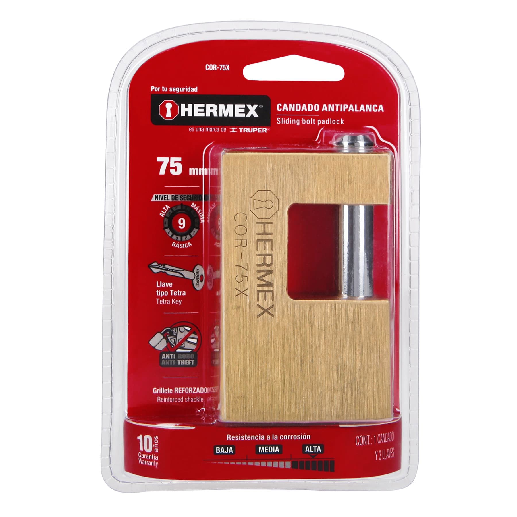Foto 4 pulgar | Candado Antipalanca 75 mm Hermex Cuerpo de Latón Llave Tetra