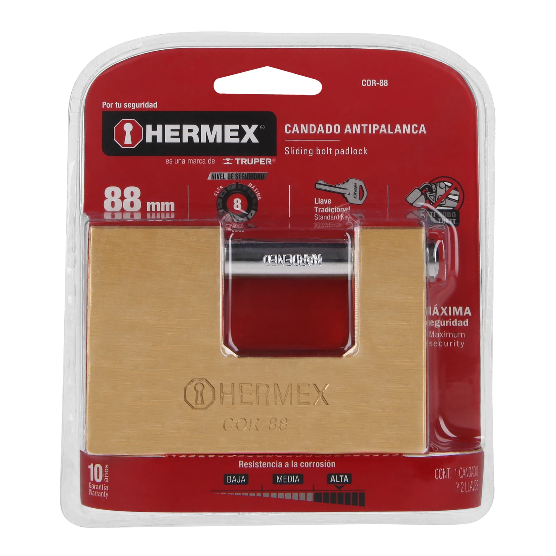 Foto 4 pulgar | Candado Antipalanca 88mm Hermex Cuerpo de Latón Llave Tradicional