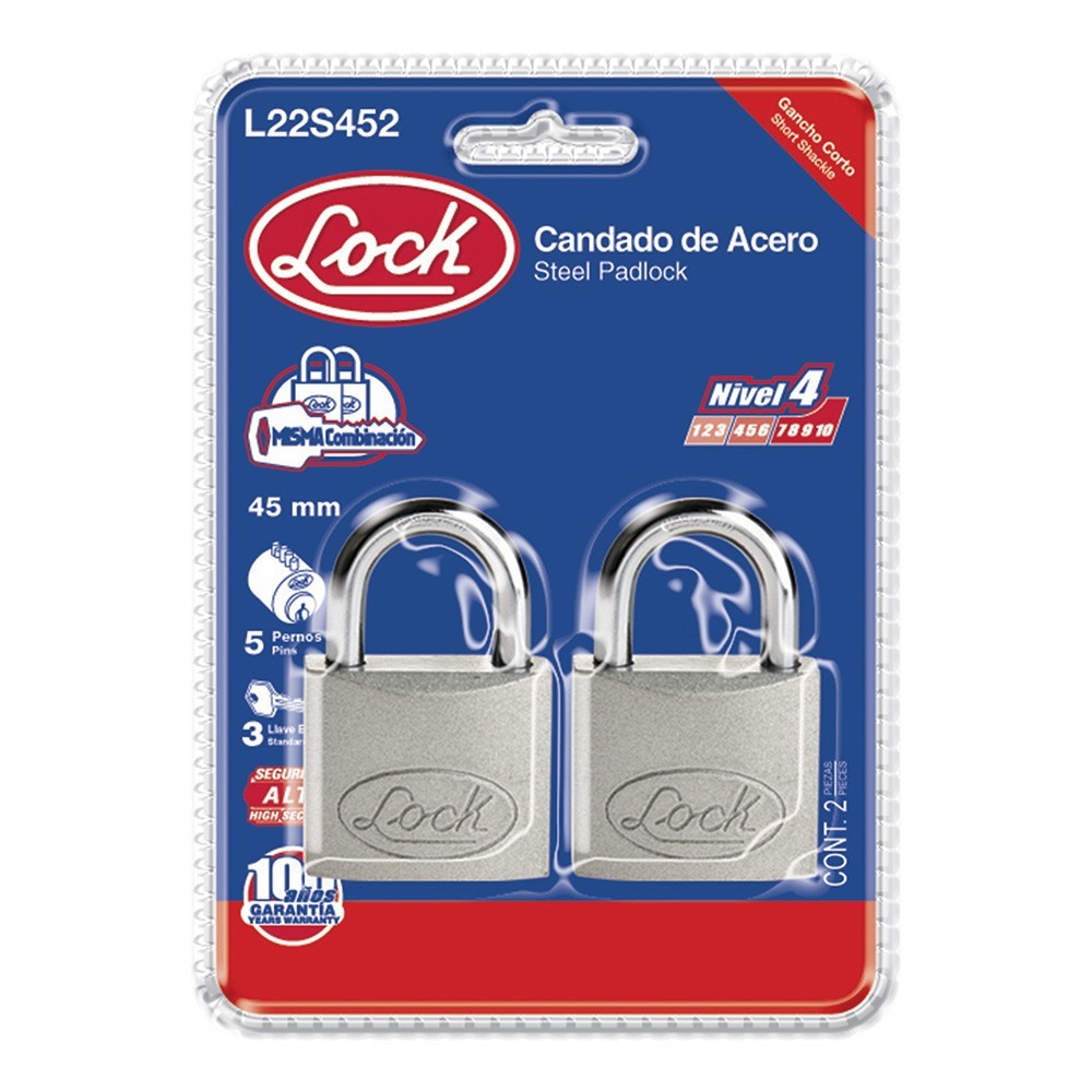 Foto 2 pulgar | Candado Acero Corto Estándar 2 Pzas Cromo Satinado Lock