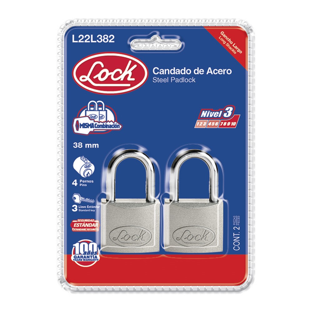 Candado Acero Largo Llave Estándar 2 Pzas Cromo Lock