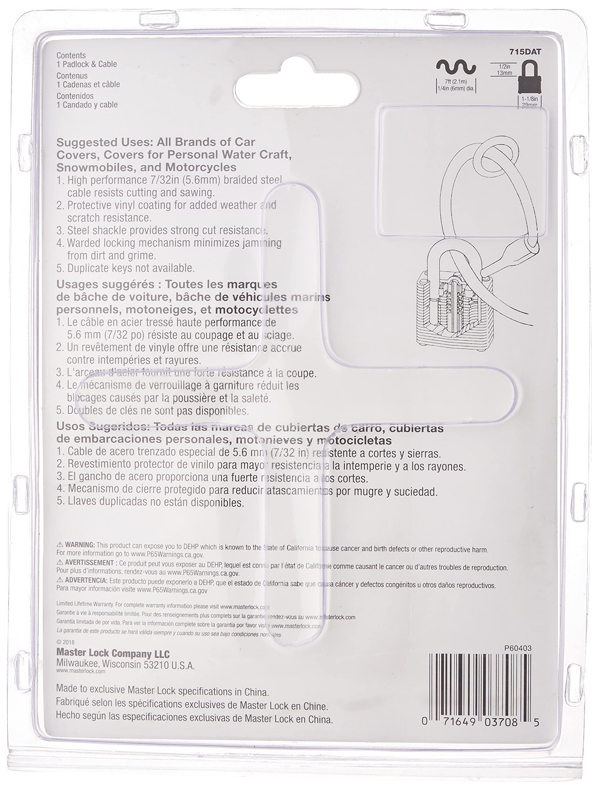 Foto 3 pulgar | Funda De Coche Con Cable Y Candado Master Lock 715dat De Acero Trenzado - Venta Internacional.