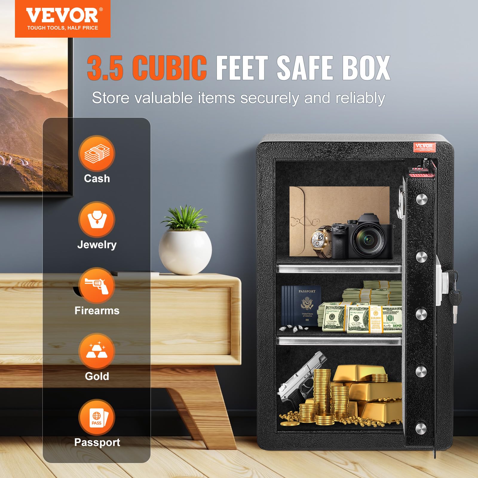 Foto 2 | Caja Fuerte Vevor De Una Sola Puerta, 98 L, Con Cerradura Con Llave Y Contraseña, Color Negro - Venta Internacional.