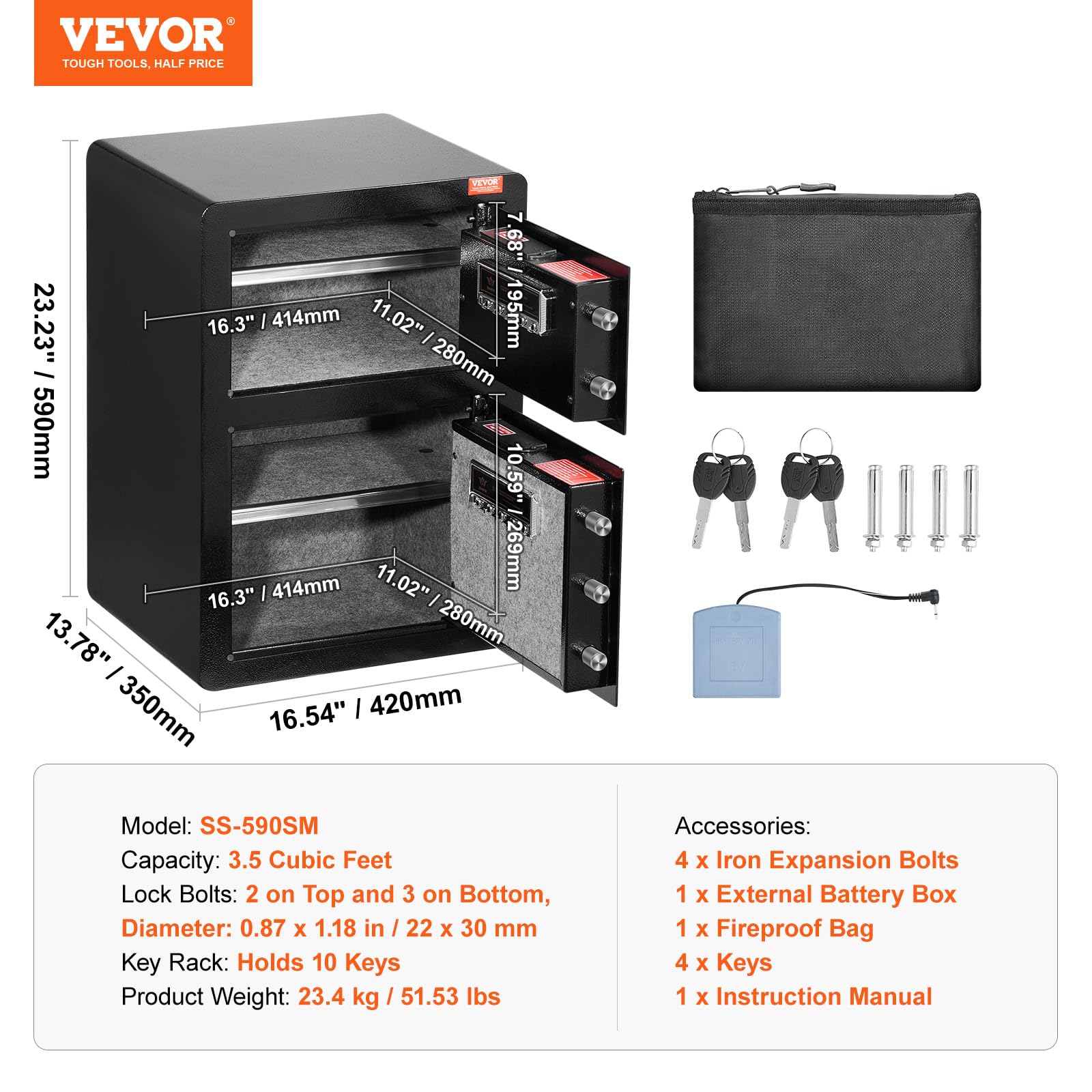 Foto 7 | Caja Fuerte Vevor Double Doors 98l Con Llave Y Contraseña - Venta Internacional.