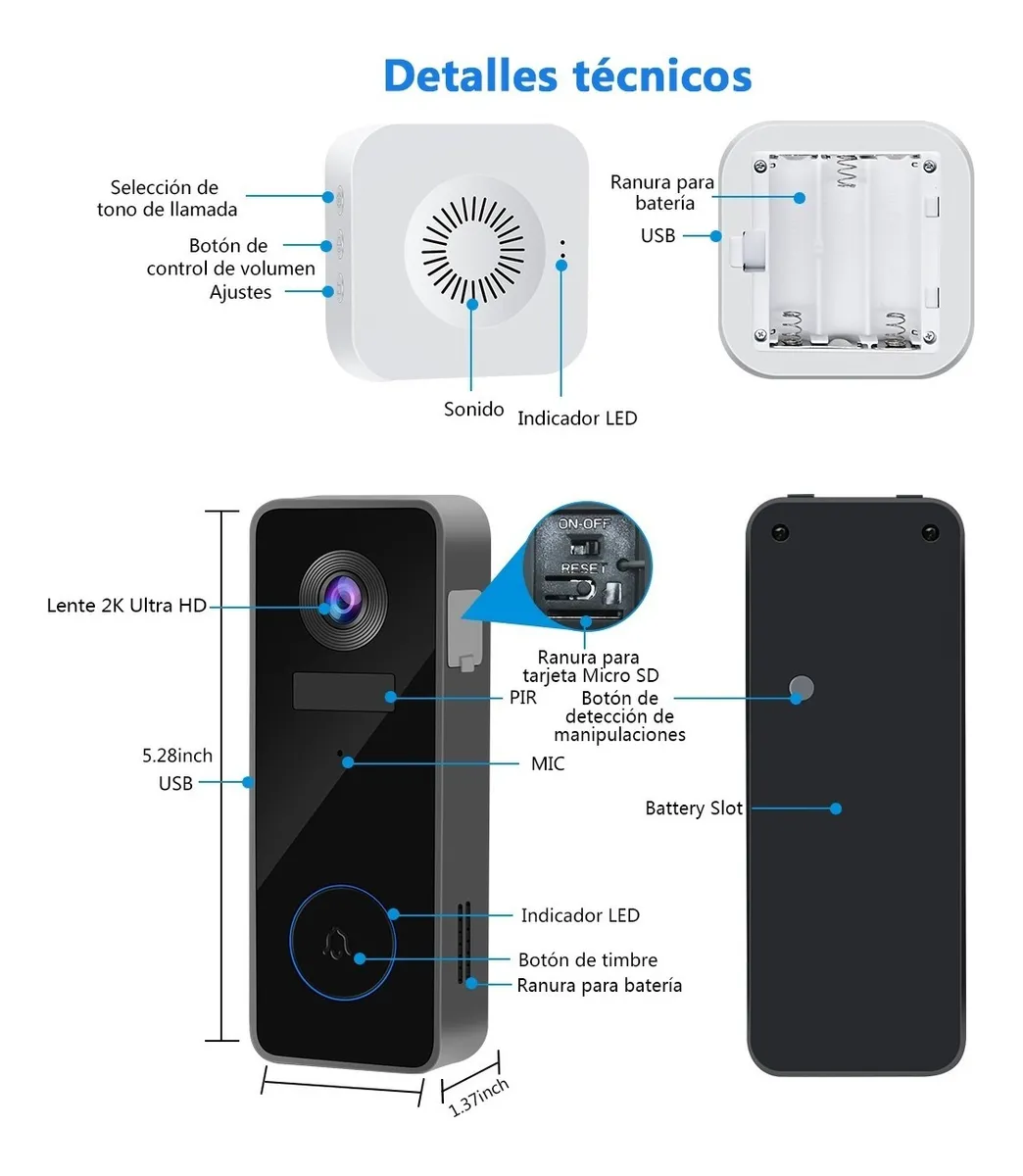 Foto 4 pulgar | Timbre Inalámbrico Inteligente Impermeable Con Cámara 2k Hd