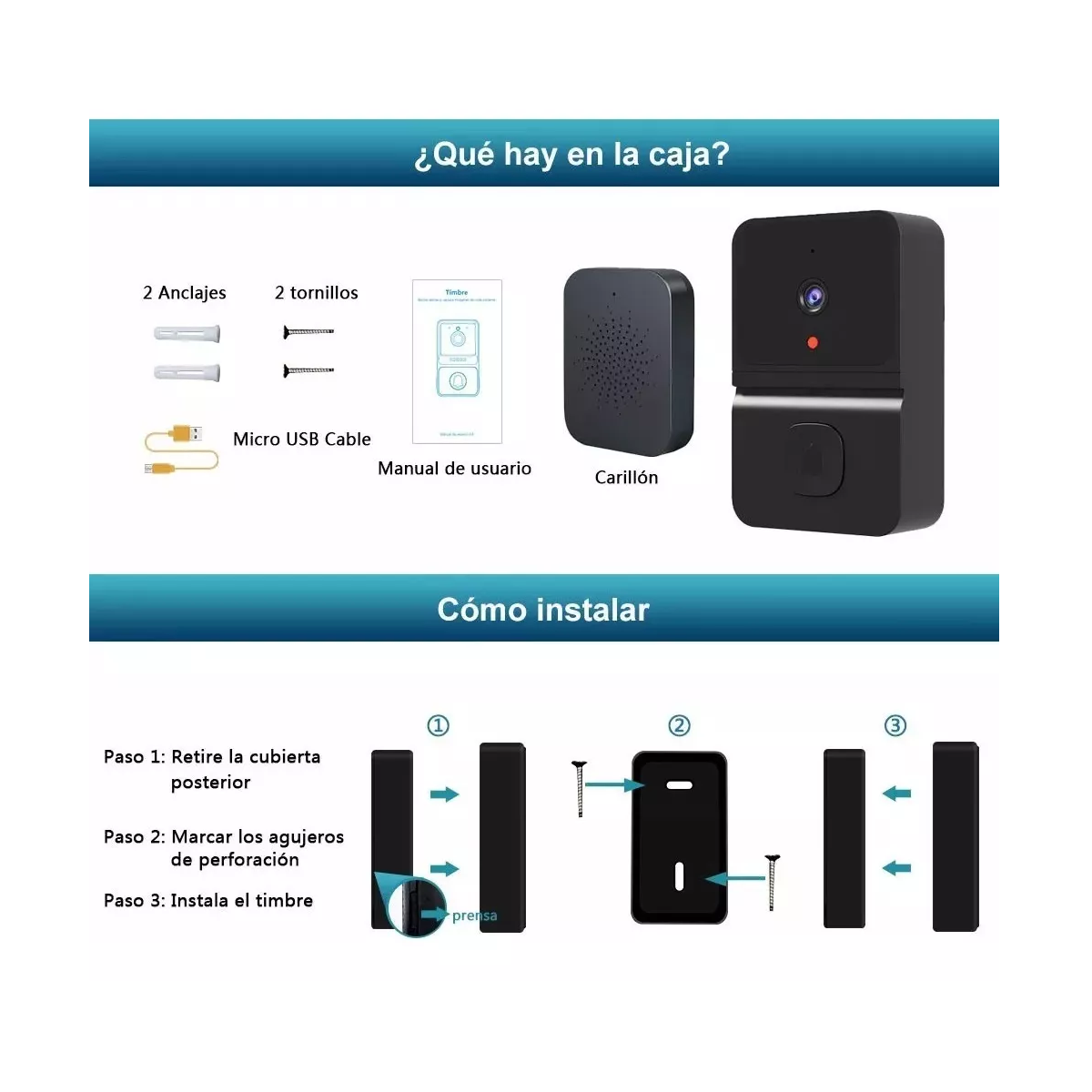 Foto 3 | Timbre Cámara Wifi Video De Audio De Alta Definic  Eo Safe Imports Esi-12746 Negro