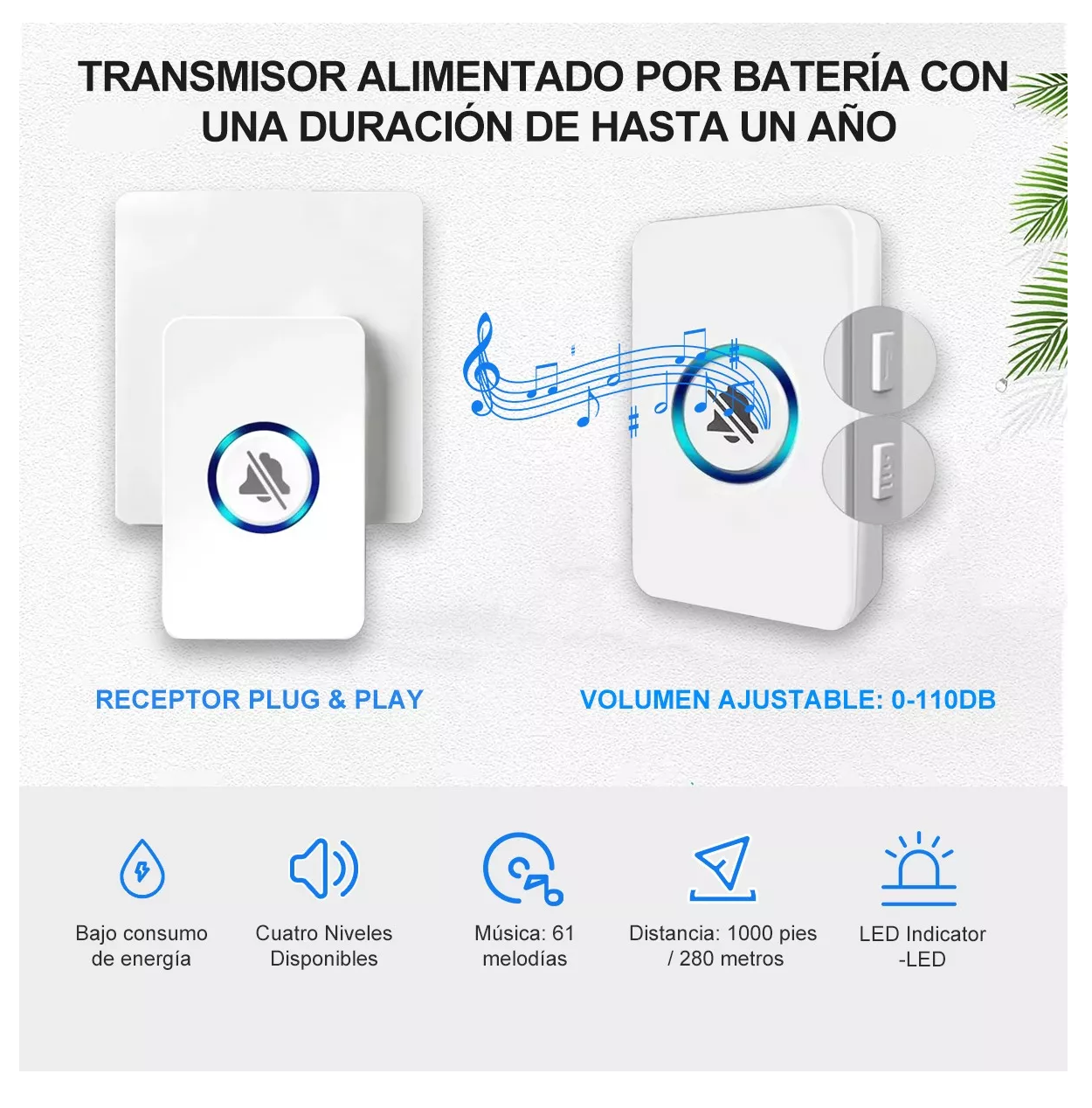 Foto 7 pulgar | Timbre Inalámbrico Impermeable Belug Blanco con 1 Transmisor y 2 Receptores