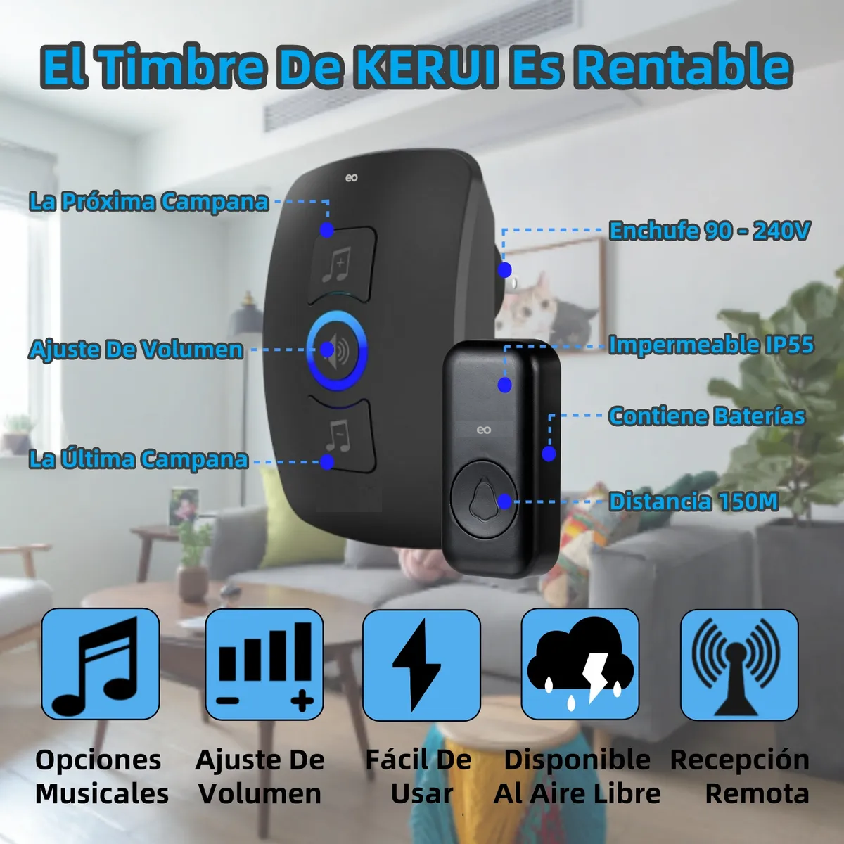Foto 4 pulgar | Timbre Inalambrico Impermeable Con 2 Transmisor Y 2 Receptor Eo Safe Imports Esi-18826 Negro