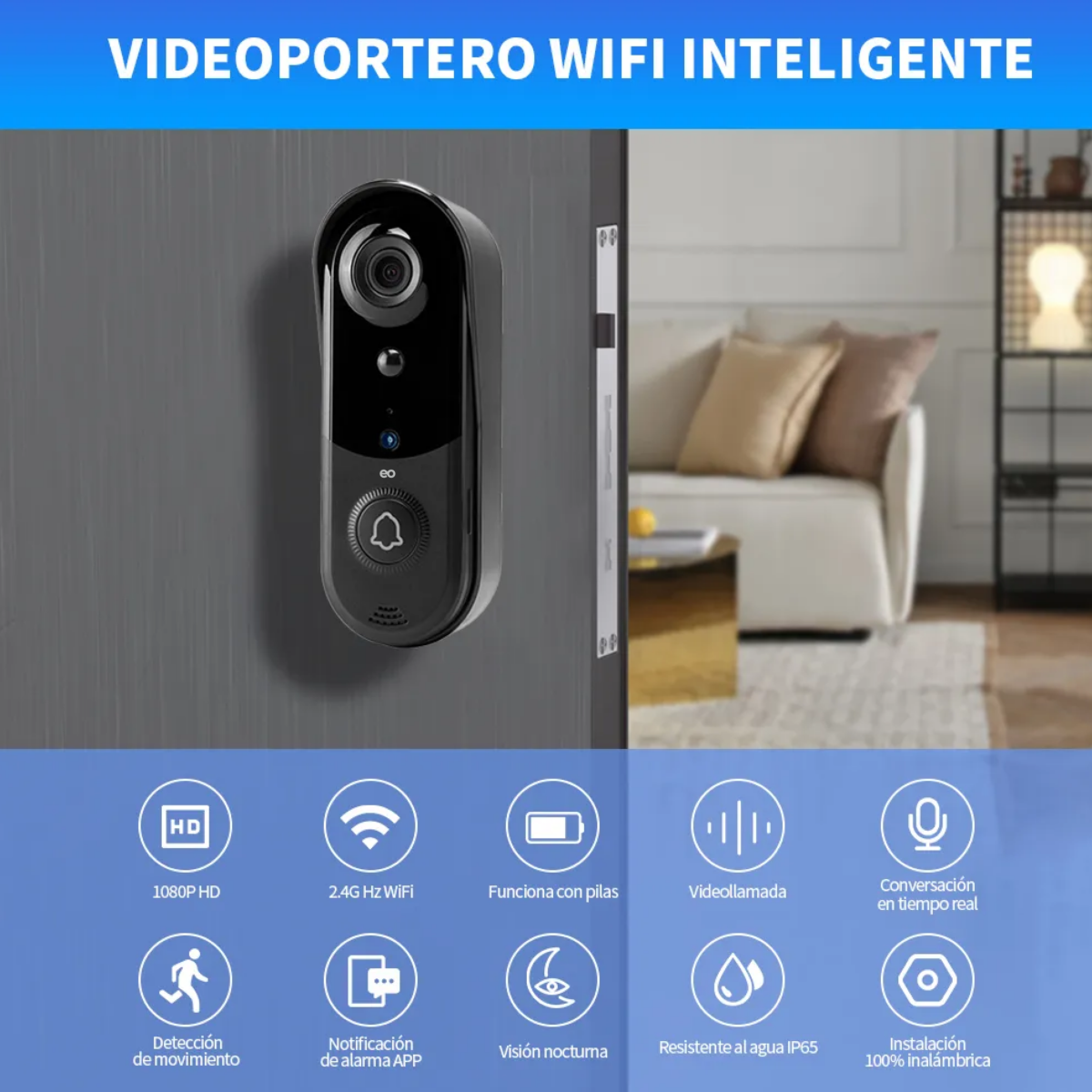 Foto 3 pulgar | Timbre Inteligente Wifi Inalámbrico Exterior Con Cámara 1080p Hd Eo Safe Imports Esi-18828 Negro