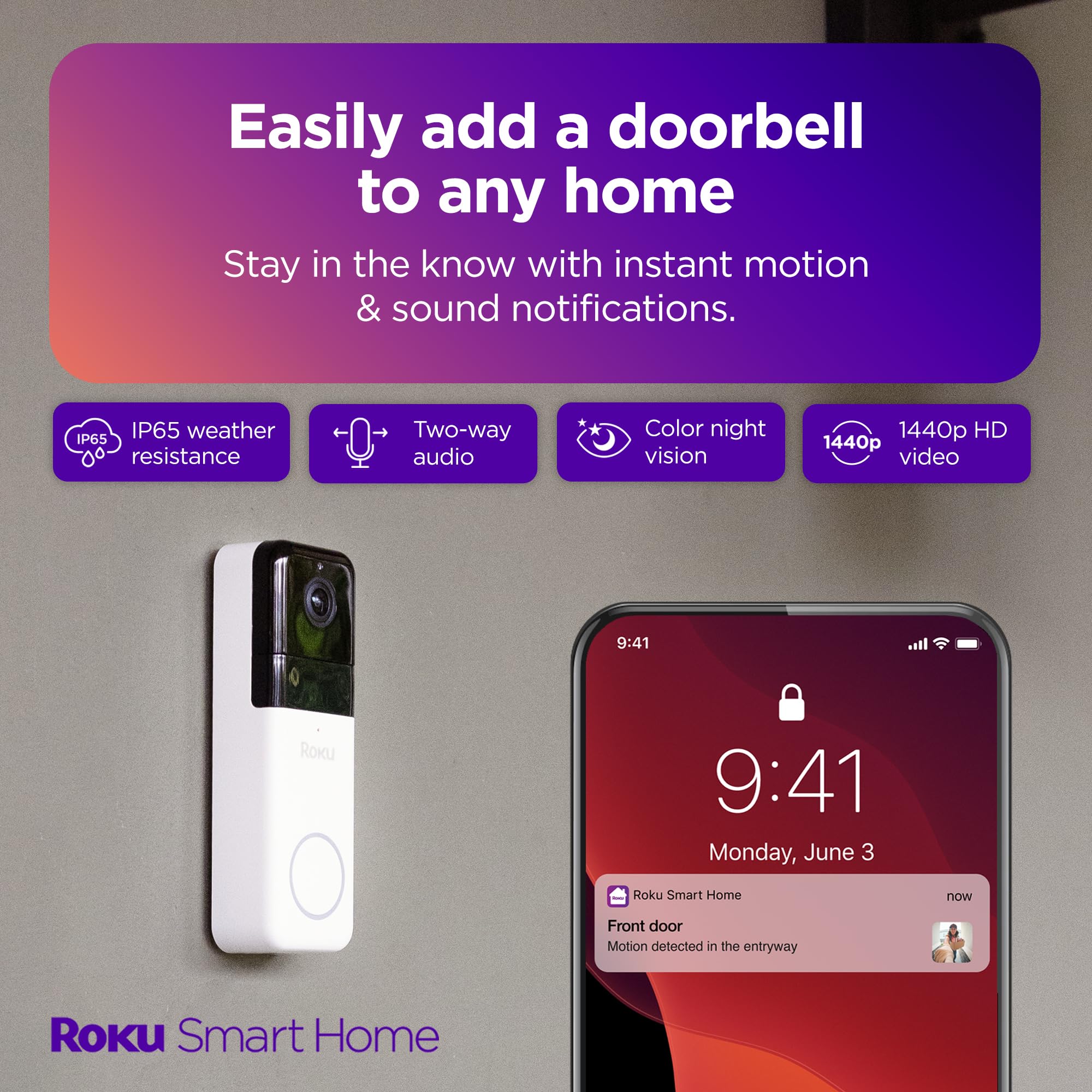 Foto 3 pulgar | Timbre Con Vídeo Roku Smart Home Wireless 1440p Hd Night Visio - Venta Internacional.