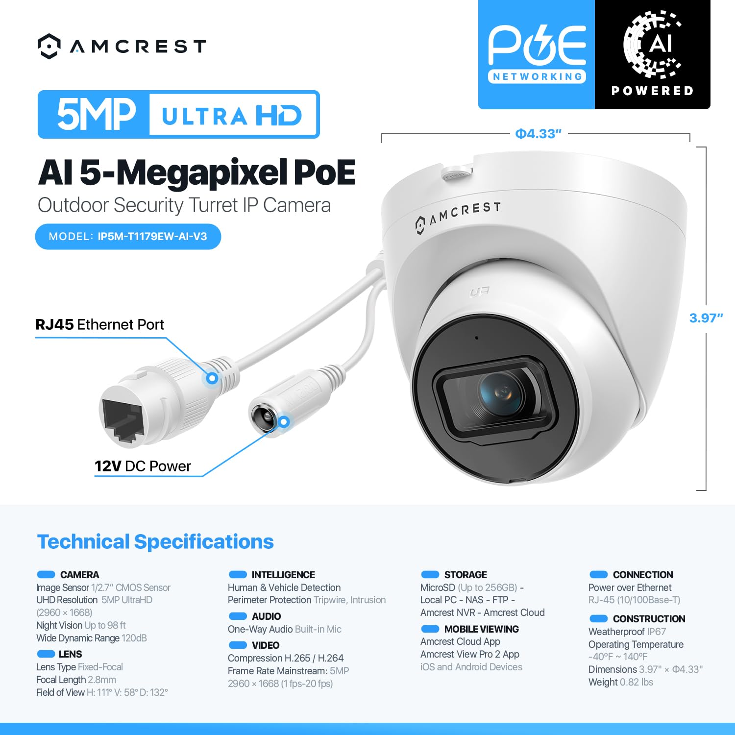 Foto 8 pulgar | Cámara de Seguridad Amcrest 5mp Turret Poe Ultrahd Outdoor Ip - Venta Internacional